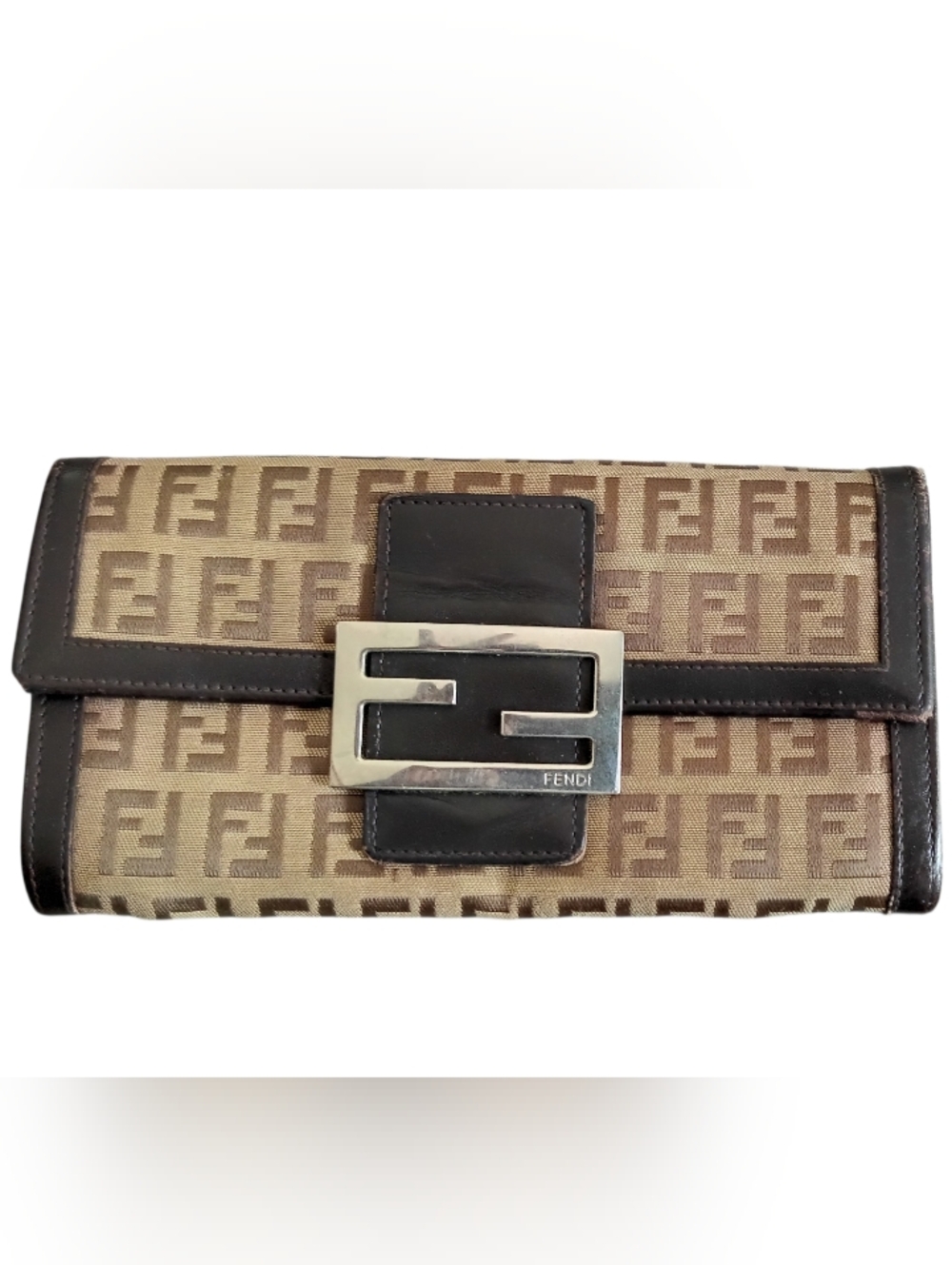 Fendi Zucca Brown and Beige Logo Clutch With Silver Buckle!